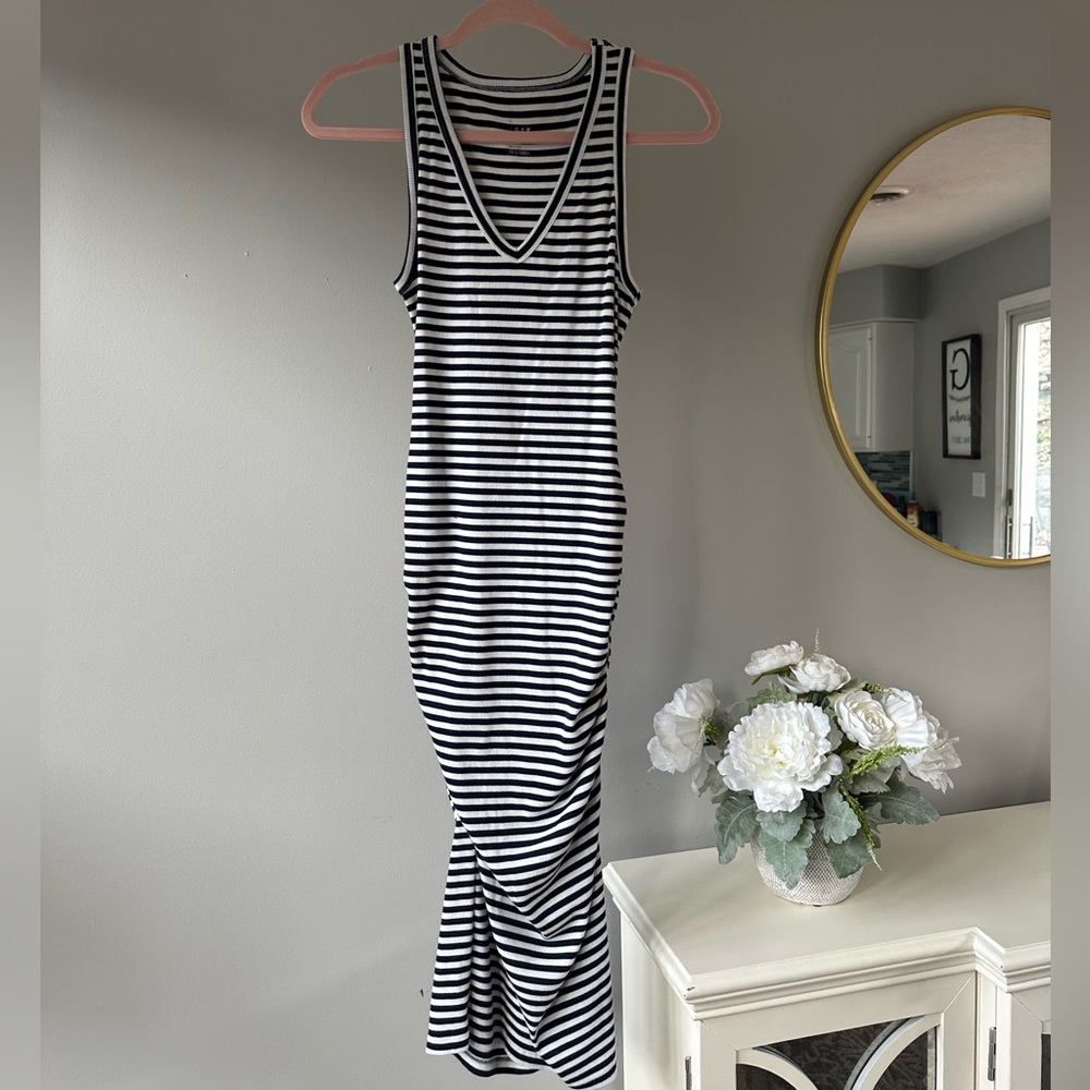 White & Navy Striped bodycon Midi Dress